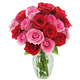 KaBloom PRIME NEXT DAY DELIVERY - Fall Collection - Romantic Bouquet of 18 Red and Pink Roses with Vase.Gift for Birthday, Get Well, Thank You, Valentine, Mother’s Day Fresh Flowers