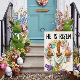 OQUAYA He Is Risen Easter Garden Flag 12x18 Inch Double Sided Outside, Easter Eggs Flowers Wreath Religious Cross Yard Outdoor Flag