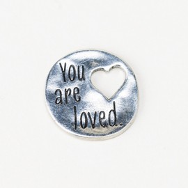 DANFORTH You are Loved Pocket Token, Textured Round Metal Tokens with Heart Shaped Cut Out, Gift of Love, Handcast Pewter, Made in USA, 1” Diameter (Pack of 10)