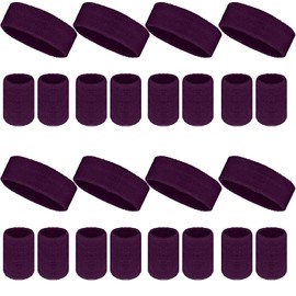 24 Pcs Neon Sweatbands Set Include 8 Pcs Sports Headband and 16 Pcs Cotton Wristbands 80s Neon Sweat Bands Bulk for Gym, Tennis, Basketball, Running, Exercise (Dark Purple)