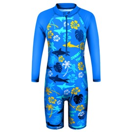 TFJH E Boys Long Sleeve Swimwear One Piece Bathing Suits UV 50+ Rash Guard Swimsuits Navy Flower 152/158