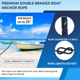 VEITHI Anchor Rope 100 ft x 1/2 inch Navy Blue, Double Braided Anchor Line with Stainless Steel Thimble & Shackle, Boat Rope with Reflective Strip Ideal for Towing,Mooring,Anchoring,for Boat Up to 35'