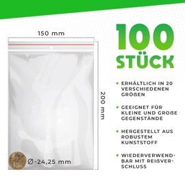V1 Trade Zip Bags Set of 100 150 x 200 mm - Baggys - Robust Ziplock Bags - Resealable Bags for Better Organisation - Plastic Bags Sealable
