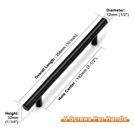 10 Pack Probrico Matte Black Kitchen Cabinet Handles, Modern Euro Round T Bar Style Drawer Handles and Pulls, 7-1/2 Inch (192mm) Hole Centers, Stainless Steel Cupboard Handles