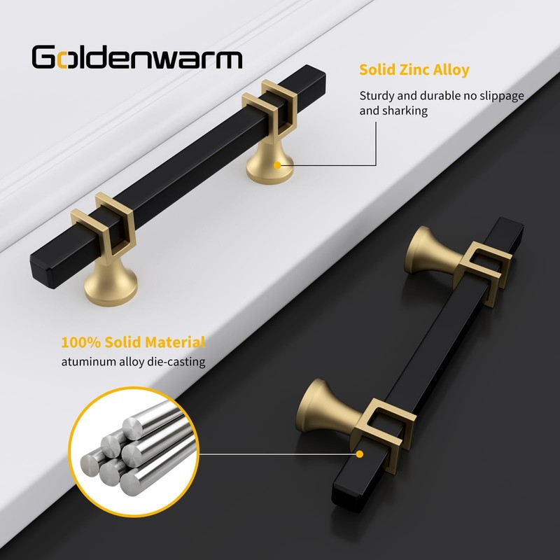 goldenwarm 10 Pack Black and Gold Cabinet Knobs Square Drawer