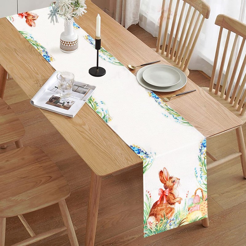 Sprinlot Easter Table Runner, Rabbit Table Runner, Easter Linen Tablecloth,
