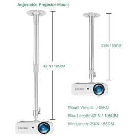 2-Be-Best Upgraded Long Projector Mount, Universal Extendable Projector Ceiling Mount Projectors Wall Mount 23-42 in / 58-105 CM 360° Adjustable Sliver High Profile Projectors Mount Silver High End