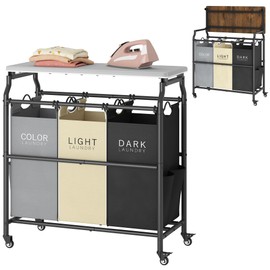 Hoctieon 3 Section Laundry Sorter Cart with Ironing Board, Laundry Hamper Basket with Shelf and Wheels, Heavy Duty Clothes Organizer, Large Clothes Separator with Removable Bags, Black+Gray+Beige