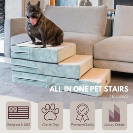 DOGGO Selection All-in-One Adjustable Dog Stairs – 5-Step Premium Pet Ramp for Small to Medium Dogs – Sturdy, Non-Slip & Versatile for Beds, Sofas & More - Soft Cover, Modern Design (Green)
