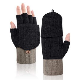 MELLIEX Fingerless Gloves, Winter Half Finger Gloves with Flip-Top Knitted Thermal Gloves for Men and Women, black, One size