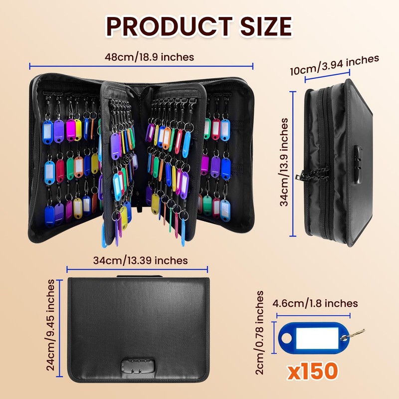150 Position Key Organizer with Combination Lock, Waterproof Fireproof Zippered