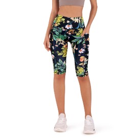 ODODOS Women's Knee Length High Waisted Yoga Capris with Pockets, Pattern Workout Athletic Running Capri Leggings, Tropical Flower, X-Large
