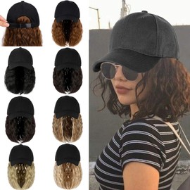 Qlenkay Baseball Cap Hair with 14 inch Wave Curly Bob Hairstyle Adjustable Wig Hat Attached Short Extensions Synthetic for Women Natural Black