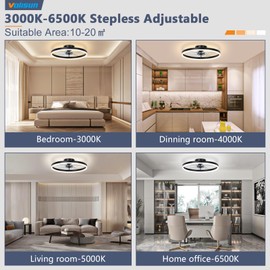 VOLISUN Low Profile Ceiling Fan with Lights and Remote, 15.7in Bladeless Ceiling Fans with light Flush Mount, 3000K-6500K Dimmable Modern LED Fan Light, Black Fandelier Ceiling Fans for Bedroom