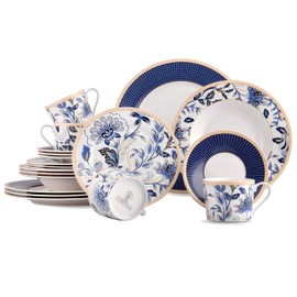 STP GOODS Bone China Dinnerware Set of 20 for 4 persons, Handmade Reactive Glaze Dishes Set,Chip Resistant and Scratch Resistant | Oven&Dishwasher & Microwave Safe (Melodie de Fleurs), 229574