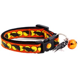 Collar de gato de Halloween con campana, collar de seguridad para separar | tamaño grande ajustable o collar de gatito (Raven Moon, S (10 libras y menos))