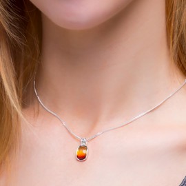 HENRYKA 925 Sterling Silver Sunset Contemporary Necklace with Genuine Cognac Baltic Amber | Bohemian Pendant Accessory | Hypoallergenic Women's Jewellery & Gift with Box for Her