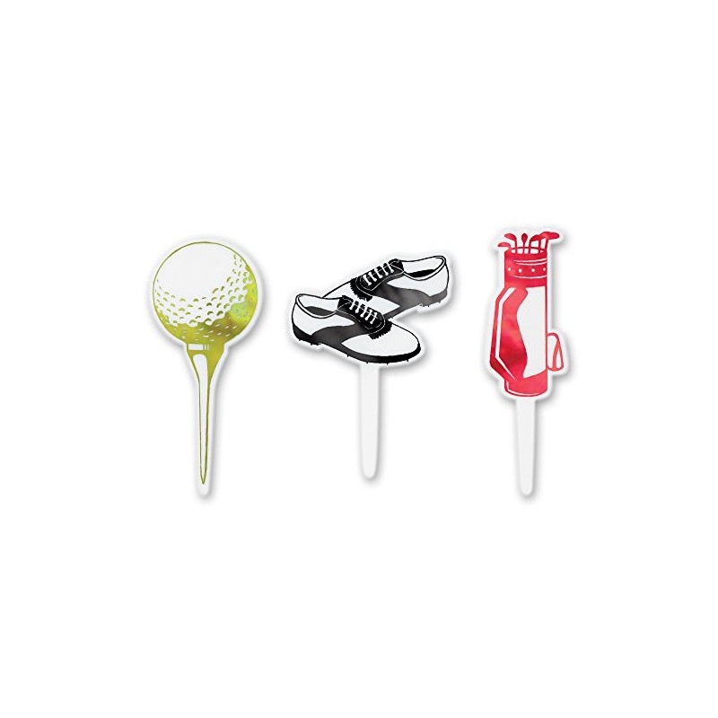 DECOPAC Golf Themed DecoPic Cupcake Picks, White, Red, Black, 12