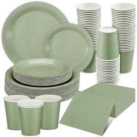 Dandat 200 Pcs Dinnerware Set Party Supplies 50 Pcs 7'' Disposable Plates 50 Pcs 9'' Paper Plates 50 Pcs Paper Cups 50 Pcs Napkins for Birthday Baby Shower Wedding Party(Sage Green)