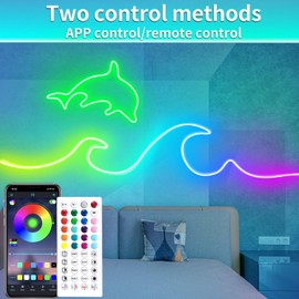 vimeepro 50Ft Led neon Rope Lights Music Sync IP65 Waterproof Flexible Led Rope Lights 40Key Remote/APP Control,Outdoor RGB Neon Lights, DIY Wall Decor Led Neon Strip Lights for Bedroom Indoor.