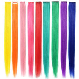 FAIRY COLOR 9PCS Girls Hair Accessories Party Highlights Colorful Clip in Synthetic Hair Extensions，Straight Long Hairpiece (Rainbow Color)