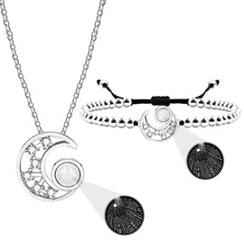 Silver Plated 4mm Copper Beaded Bracelet Necklace Set, Moon Pendant Projection 100 Languages I Love You Jewelry Mom Wife Woman Valentine's Day Birthday Love Jewelry