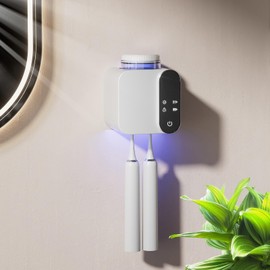 Multi-Function Toothbrush Holder, Electric Toothbrush Holders with 1 Cup 2 Brush Slots, Wall-Mounted Toothbrush Holders with Solar Charging, Smart Toothbrush Dryer for Home Bathroom (White)