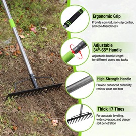 WORKPRO 65 Inch Bow Rake, 17 Tines Metal Head Rakes with High Strength Handle, Heavy Duty Garden Rake with Adjustable Handle for for Loosening Soil, Gathering Leaf, Leveling Lawn, Farming Land
