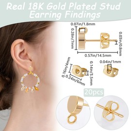 Beebeecraft 1 Box 20Pcs 7mm Real 18K Gold Plated Flat Round Earring Posts Brass Earring Studs Small Dot Disc Post with Loop and Butterfly Earring Backs Stud Earring Findings for Jewelry Making DIY