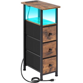 LOAKEKEL Narrow End Table Living Room with Charging Station, Skinny Side Table with Fabric Drawers, Slim LED Nightstand for Bedroom, Small Spaces, Couch, Brown, HETNDP03LBR-1