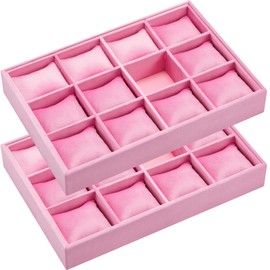 Henoyso 2 Pieces 12 Grid Velvet Watch Tray Jewelry Organizer Stackable Watch Bracelet Bangle Display Holder Adjustable Pillow(Pink)