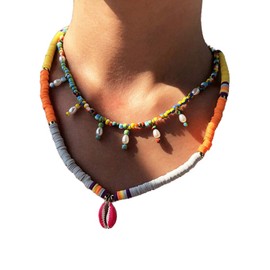 Wiwpar Boho Heishi Choker Layered Necklace Colorful Beads Chain Necklace Shell Pendant Beach Neck Chain Accessories for Women