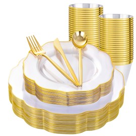 bUCLA 180PCS Clear Plastic Plates with Gold Trim - Clear Gold Plastic Dinnerware Include 30 Dinner & Dessert Plates, 30 Knives, 30 Forks, 30 Spoons and 30 Cups for Wedding & Party