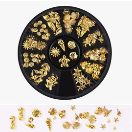 12 Styles Golds Nail Art Metal Studs Golds Metallic 3D Pieces Rivet Palm Tree Turtles Marine Life Charms for Summer Beach Ocean Manicure DIY Acrylic Nails Design Supply (Gold Ocean Studs)