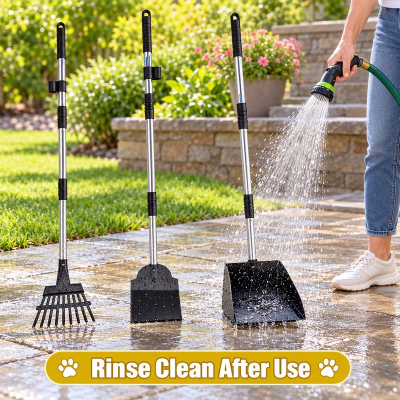 Long Handle Metal Dog Pooper Scooper Set with Rake, Spade