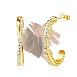 Sterling Silver Gold Twisted Open Hoop Earrings for Women Trendy Hypoallergenic Lightweight Cubic Zirconia Twist Half Hoop Earrings for Mom Wife