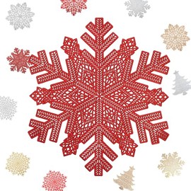 MORAINJAY 2pk Christmas PVC Placemats,Xmas Red Snowflake Place Mats for Dining Table,38cm Round Vinyl Hollow Table Mats Waterproof Oil Non-Slip Washable Heat for Kitchen Wedding Christmas Decor(C)