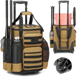 SunForMorning Baseball Bucket Bag with Wheels Baseball Coaching Accessories Organizer Tactical Style Softball Bucket Bag with Multiple Pockets for Bat, Gloves and Other Accessorie, Brown