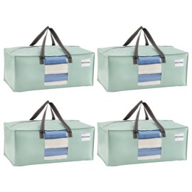 VENO 4 Pack Heavy Duty Moving Bags, Christmas Storage Bins with Lids, Transparent Window Design, Alternative to Moving Boxes, Storage Bags for Clothes, Blankets, Comforters (Shiny Light Green, 4 Pack)