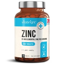 Zinc Tablets High Strength - 25mg Elemental Zinc – 365 Vegan Tablet Pills (1 Year Supply) – Zinc Gluconate - Chelated Zinc Supplements for Immune System, Hair, Skin, Bones, Nails – Made by VitaBright