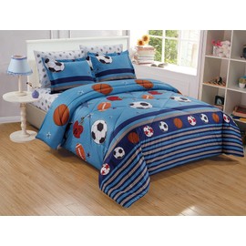 Chezmoi Collection 6-Piece Kids/Teens Mini Bed in a Bag - Soft Microfiber Navy Blue Black Orange Red White Basketball Football Soccer, Sports Comforter Set with Fitted Sheet Full Size