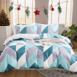 Bedbay Gray and Teal Comforter Set King Size Teal Bedding Set Soft Microfiber Teal Chevron Comforter Bed Set Turquoise Grey Geometric Lightweight Down Comforter 3 Pcs Westerm Bedding for Women Adults