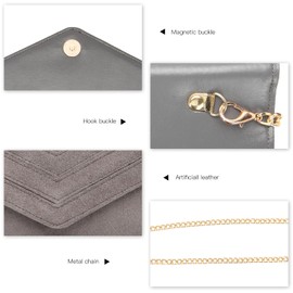 Miss Lulu Women's Clutch Elegant Envelope Clutch Evening Bag Bridal Bag Envelope Clutch Bag Handbag with Chain for Wedding Party Prom, gray