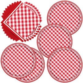 Egami 40pcs Red and White Checkered Party Supplies,include 20 Dessert plate and 20 Napkin,Red and White Party Plate Napkin Set,Used for Red Checkered Party Decoration (red and white 3)