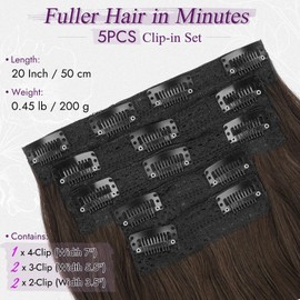 BARSDAR Dark Brown Clip in Hair Extensions - 20 Inch Loose Wavy Clip in Hair Extensions for Women, 5 PCS Layered Extension Lace Weft Voluminous Easy Wear Soft Synthetic Dark Brown Hairpieces