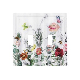 Boho Floral Watercolor Leaf Double Toggle Light Switch Cover Decorative Rustic Flowers 2 Gang Wall Plate Electrical Faceplate Switchplate for Farmhouse Bathroom Bedroom Living Room Decor