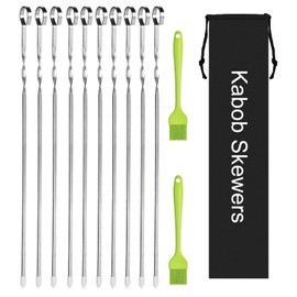 Kabob Skewers Stainless Steel Long BBQ Barbecue Skewers, Flat Metal Kebob Sticks Wide Reusable Grilling Skewers for Meat Chicken,Set of 9 Including 2 barbeecue rack with Storage Bag