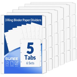 SUNEE Binder Dividers with Tabs for 3 Ring Binder, 8.5 x 11 Paper White Binder Dividers Blank with 5 Tabs, 6 Sets Page Dividers for School, Office and Home, 30 Dividers