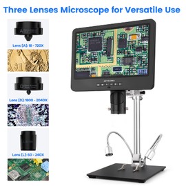 JOYALENS JL249MS 3 Lens 10.1 Inch LCD HDMI Digital Microscope 2000x, 24MP Soldering Pro Metal Stand for Vertical Horizontal Adjust, Coin and Biological Microscope, PC Compatible, 32G