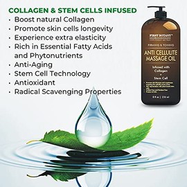 First Botany, Aceite de masaje anticelulítico infundido con colágeno y células madre, tratamiento natural para celulitis y estrías para hombres y mujeres, 8 onzas